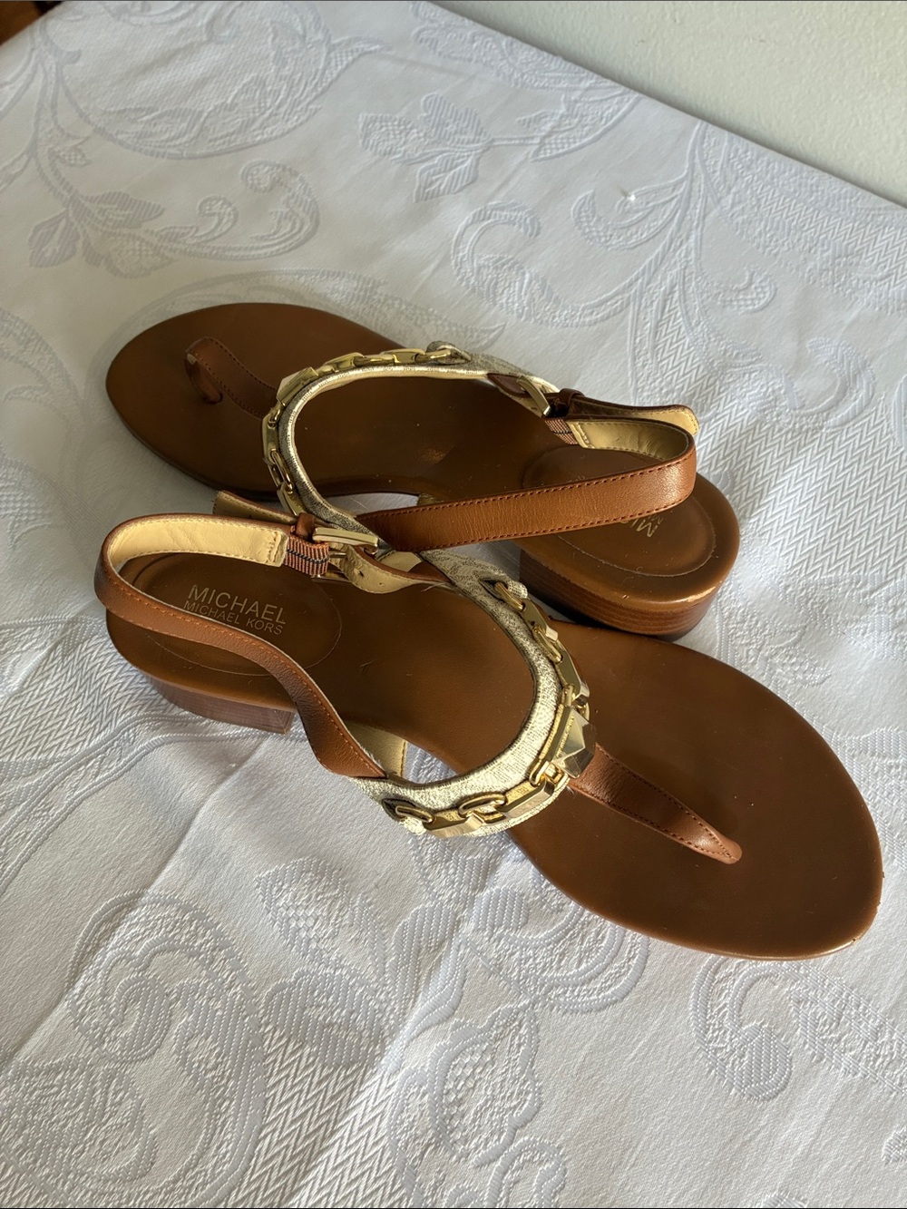Michael Kors Tan and Gold Leather T-Strap Sandals